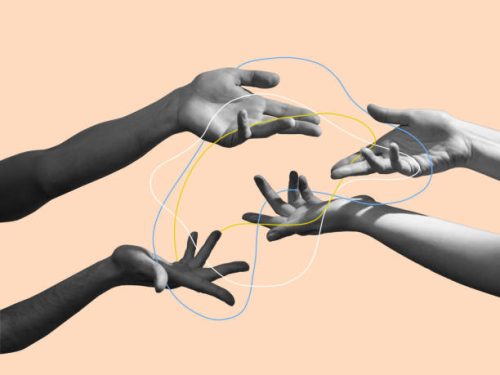 Difficulties. Hands aesthetic on bright background, artwork. Concept of human relation, community, togetherness, symbolism, surrealism. Light and weightless touching unrecognizable